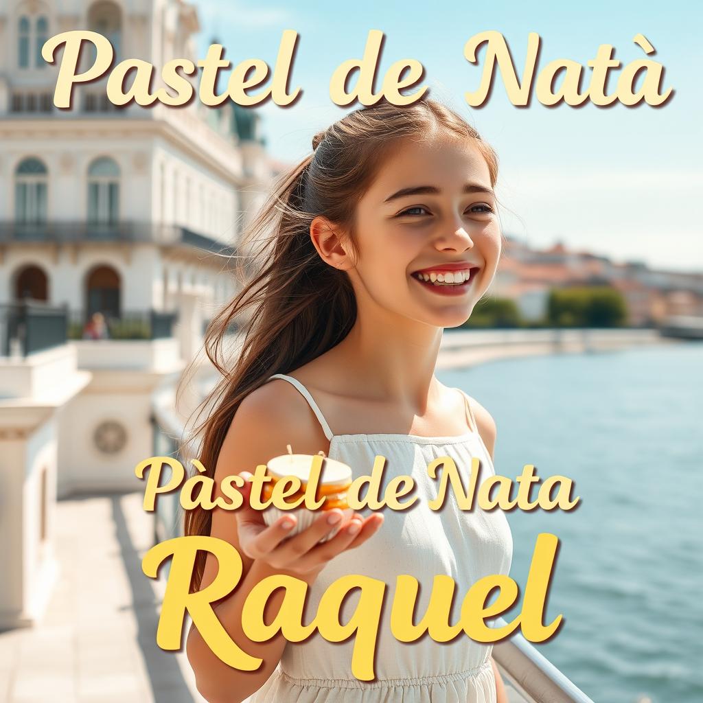A realistic photomontage of a girl with long hair tied back, joyfully holding the famous Pastel de Nata from Belém, Lisbon