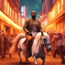 Kanye West, in his distinct fashion style, riding a small pony in a lively setting.