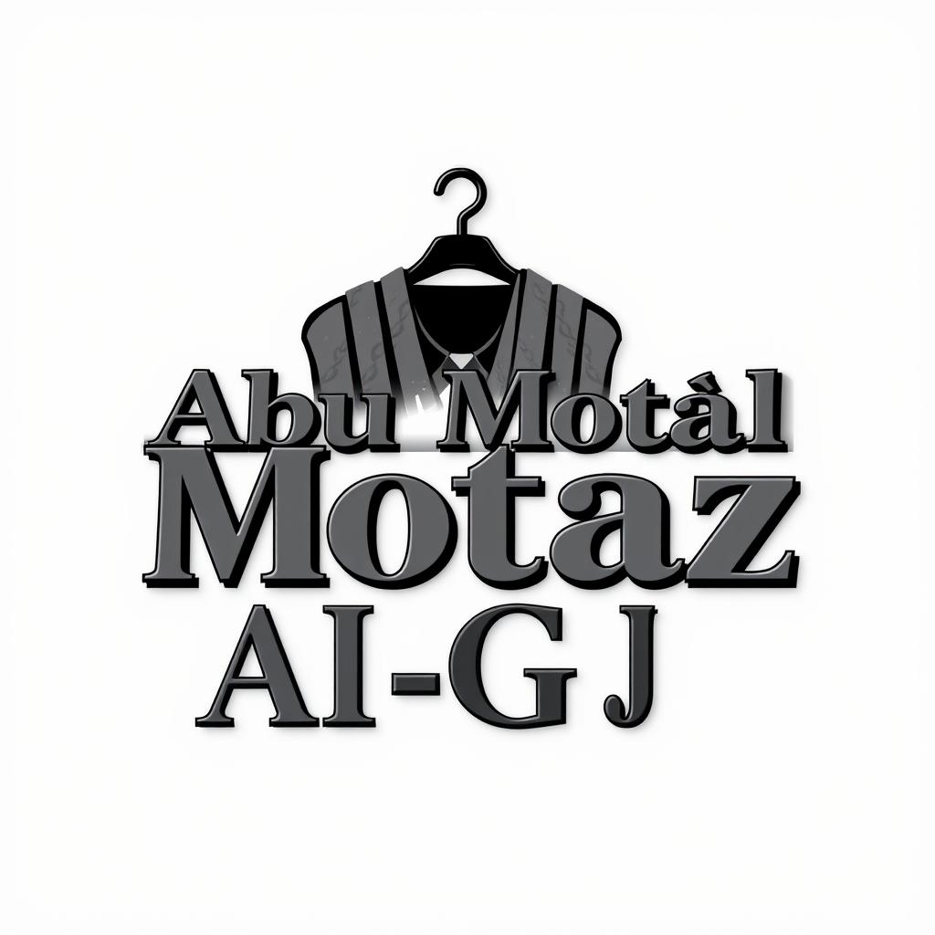 A 3D logo design for a clothing store named 'Abu Motaz Al-Goj' featuring bold, stylish text in sleek black and gray tones