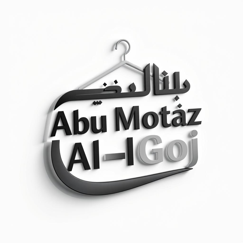 A 3D logo design for a clothing store named 'Abu Motaz Al-Goj', featuring elegant lettering in bold black and subtle gray tones