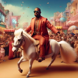 Kanye West, in his distinct fashion style, riding a small pony in a lively setting.