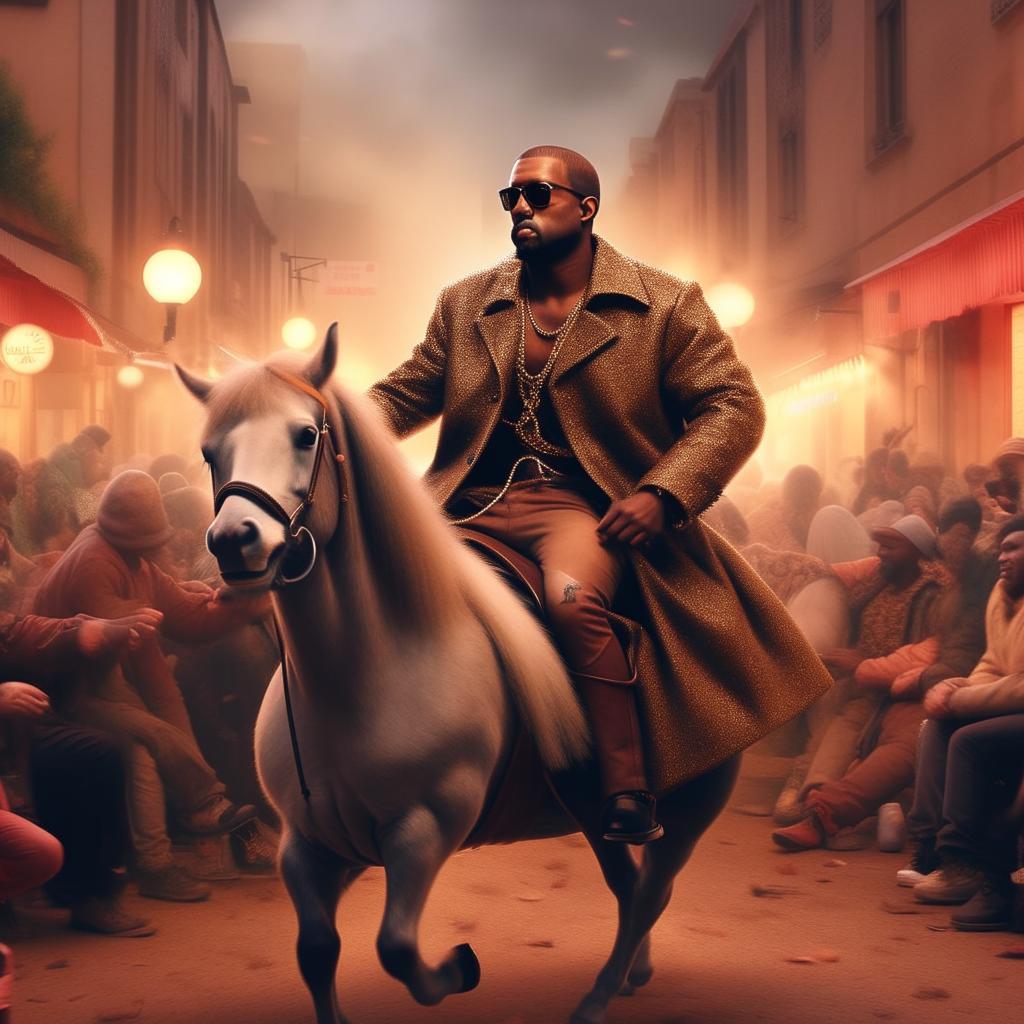 Kanye West, in his distinct fashion style, riding a small pony in a lively setting.