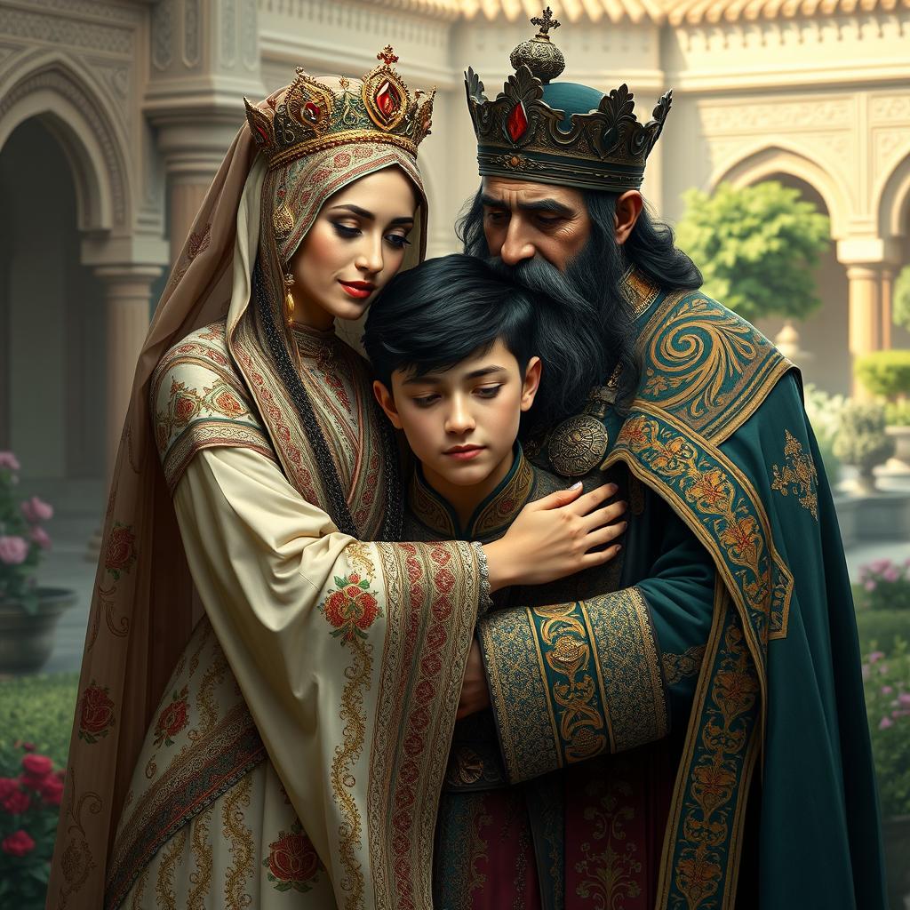 A regal scene featuring an Iranian queen and king, both dressed in exquisite traditional Persian attire with intricate patterns and vibrant colors