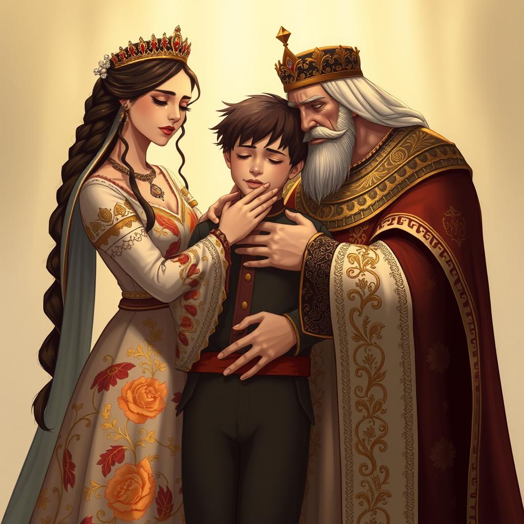 A Persian queen and king, dressed in exquisite traditional Iranian garments, embracing a young man in an emotional scene