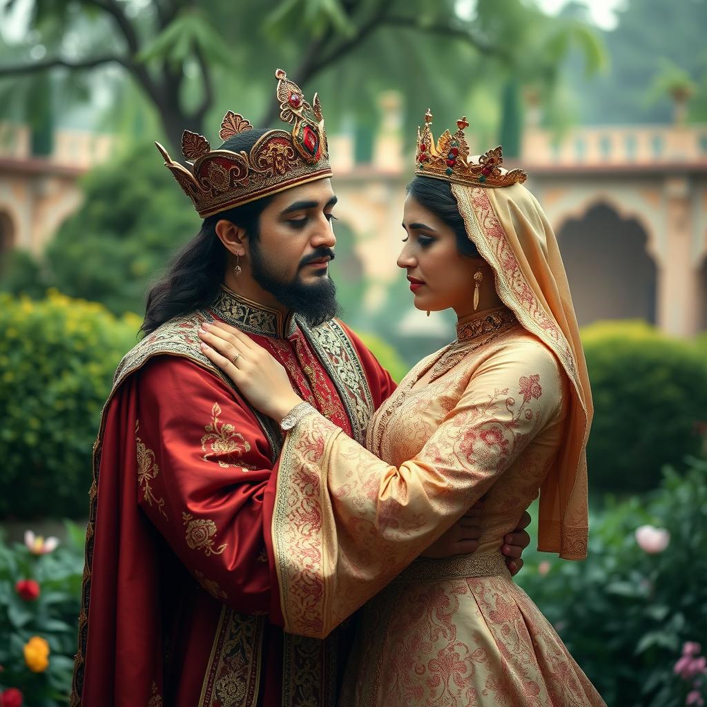 A Persian queen and king in traditional Iranian attire, embracing each other with deep emotion, both shedding tears