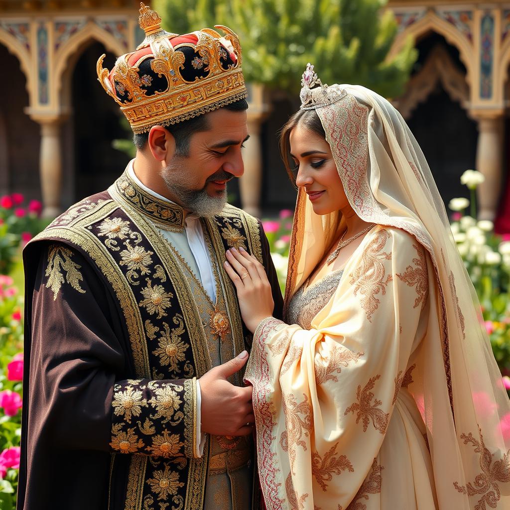 An Iranian king and queen, dressed in exquisite traditional Persian attire, are embracing a man who appears to be a close friend or relative