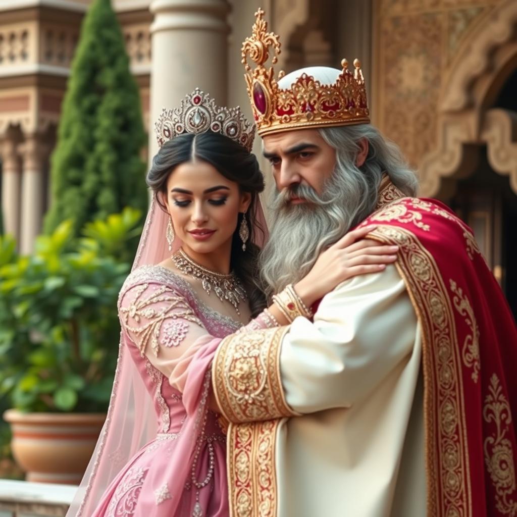 A majestic Persian queen and king, both adorned in exquisite traditional Iranian clothing, exuding elegance and nobility