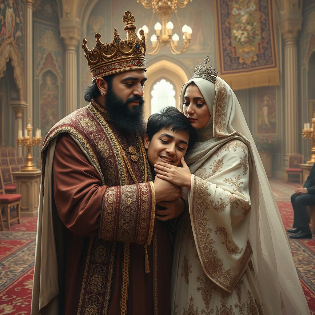 A poignant scene depicting a regal Iranian king and queen in traditional Persian attire, embracing their 30-year-old son