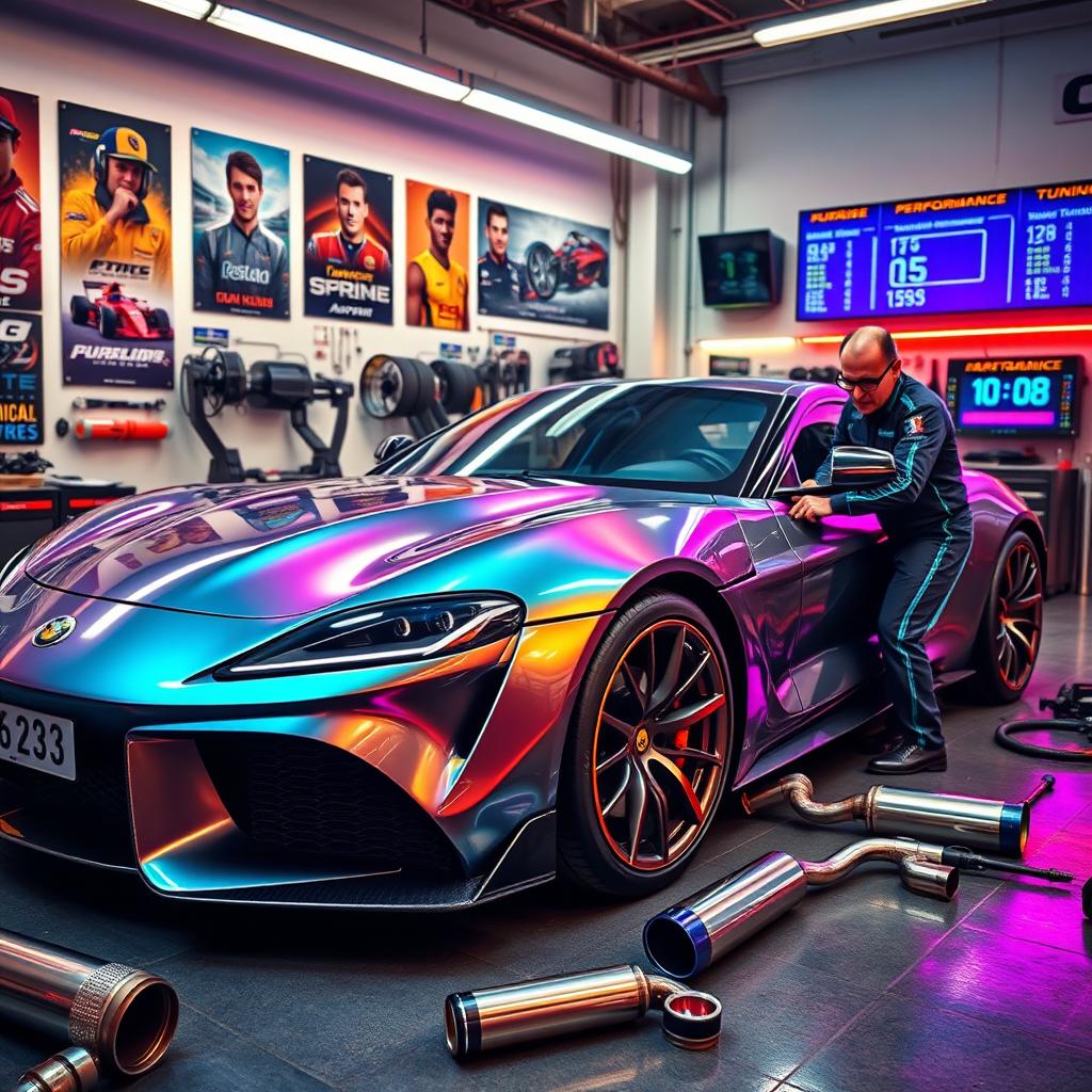 A visually stunning image of a car tuning scene, featuring a sleek, modern sports car with a shiny metallic finish