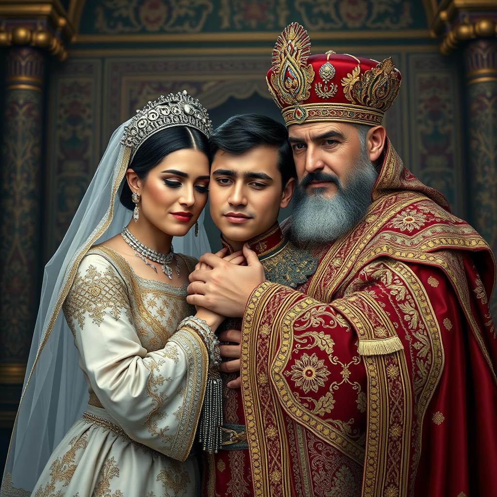 An elegant Iranian queen and king, dressed in traditional Persian royal attire, are embracing their 30-year-old son