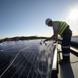 A focused solar installer carefully arranging solar panels on a sunlit rooftop, with a clear blue sky dominating the background