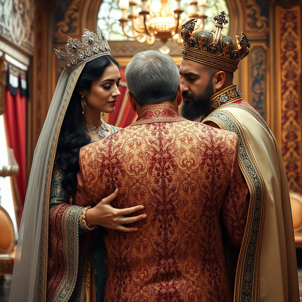 A majestic Iranian queen and king, both dressed in traditional Persian attire, embracing their eldest son, who is 30 years old, as they shed tears