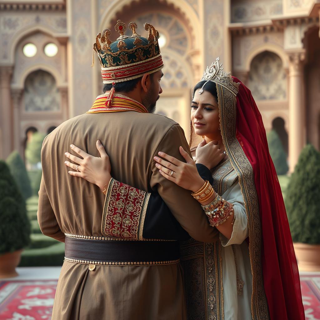 An Iranian king and queen dressed in traditional royal Iranian attire, embracing their eldest son who is seen from behind