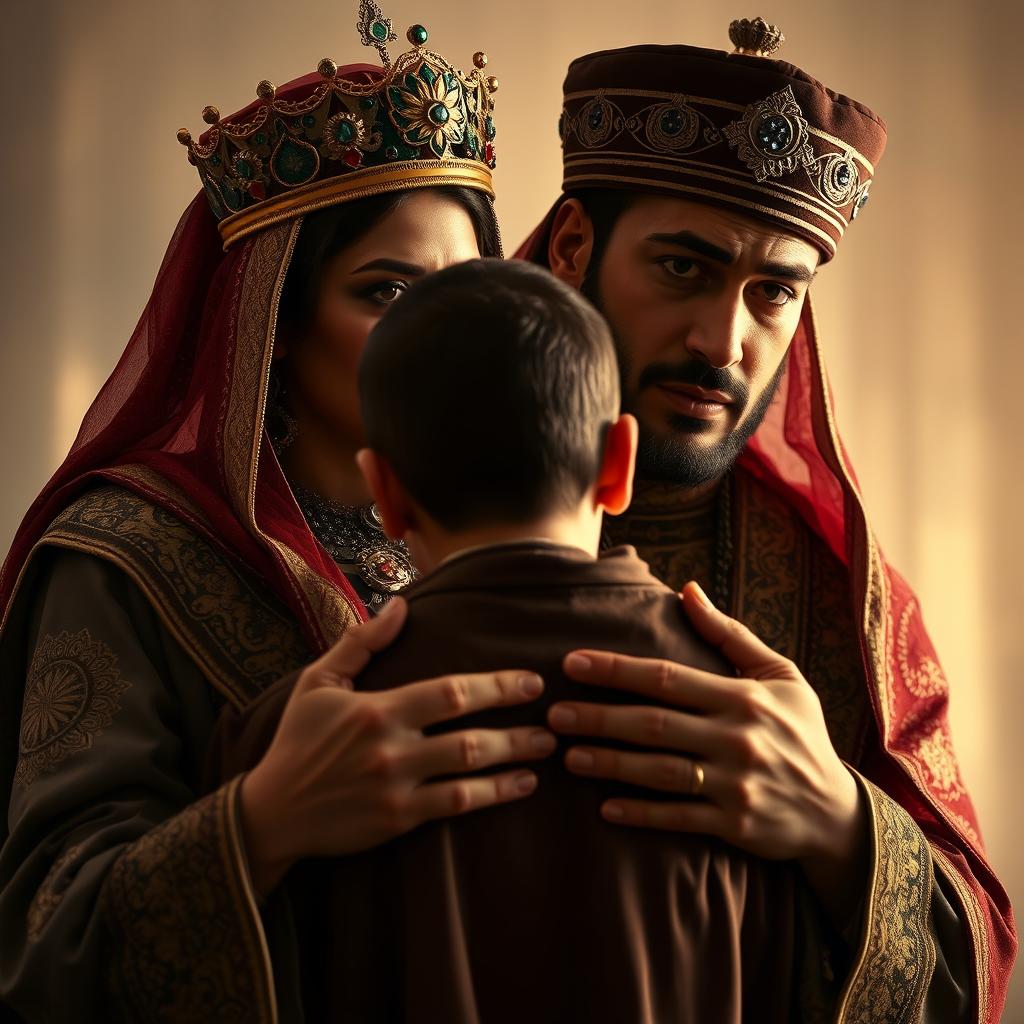 A Persian king and queen in traditional Iranian royal attire, embracing their eldest son who is facing away from the viewer