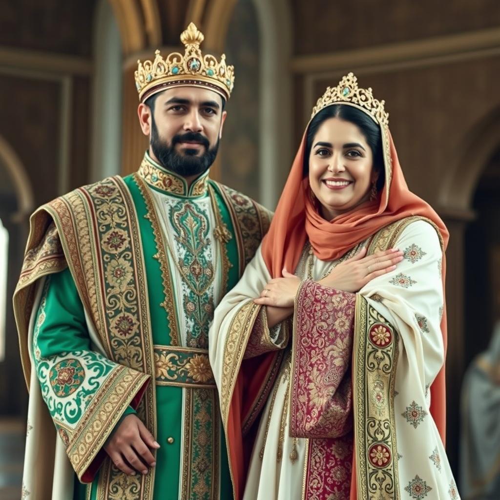 A Persian royal couple dressed in traditional Iranian attire, showcasing intricate and colorful details in their garments