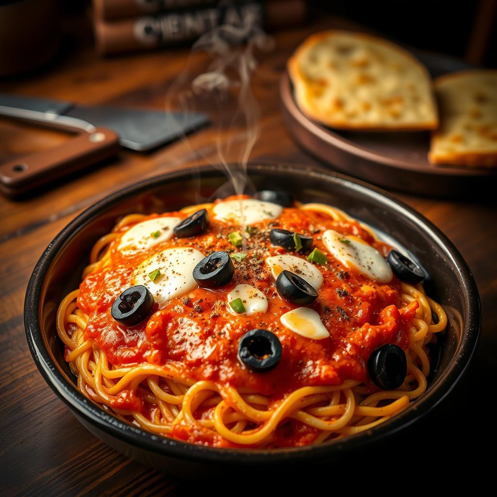A hot plate of fusion-style Pizza Maggi served in a black ceramic bowl, rich red pizza sauce coating the noodles, topped with melted mozzarella cheese, sliced black olives, diced capsicum, and a sprinkle of oregano and chili flakes