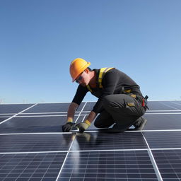 A focused solar installer carefully arranging solar panels on a sunlit rooftop, with a clear blue sky dominating the background