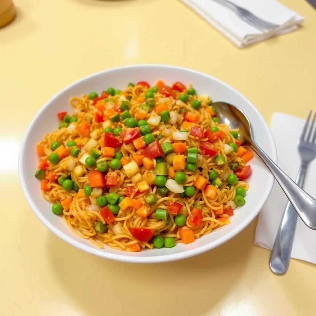A colorful serving of Maggi noodles filled with vibrant chopped veggies including capsicum, carrots, peas, tomatoes, and onions