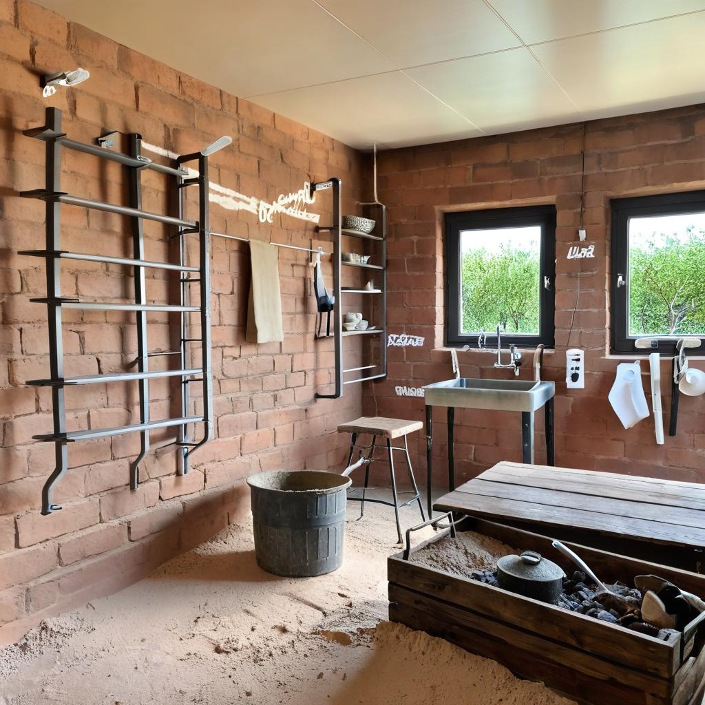 Diseñar una cocina con las siguientes descripciones: 
La lavadora está al lado de la puerta de entrada ( puerta que se ve), luego le sigue el lavavajillas, luego el fregadero en la misma pared, en la siguiente pared está muebles bajo mesada y después de la columna la cocina a gas con campana, luego le sigue la columna microondas, luego la heladera y luego un armario expensa. Sin muebles de sobremesa excepto la heladera y el mueble del microondas . Los muebles son blancos con manijas negras. Con azulejos blancos rectangulares encima de la mesada. La cocina también tiene una barra en el medio con 4 banquetas. Ten en cuenta la foto que tiene vigas negras que quedan a la vista.