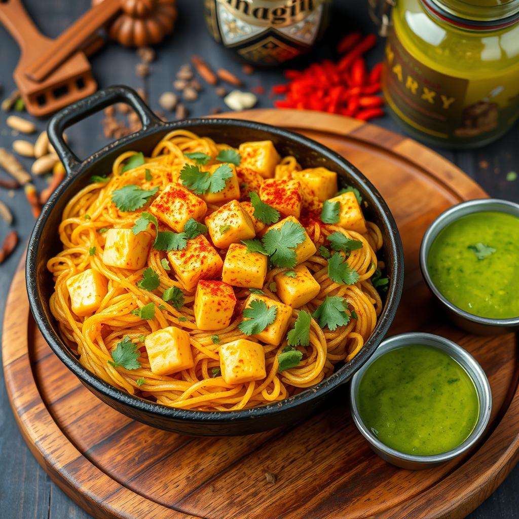 Spiced Maggi noodles mixed with golden-brown paneer cubes throughout, garnished with fresh coriander and a dash of red chili powder