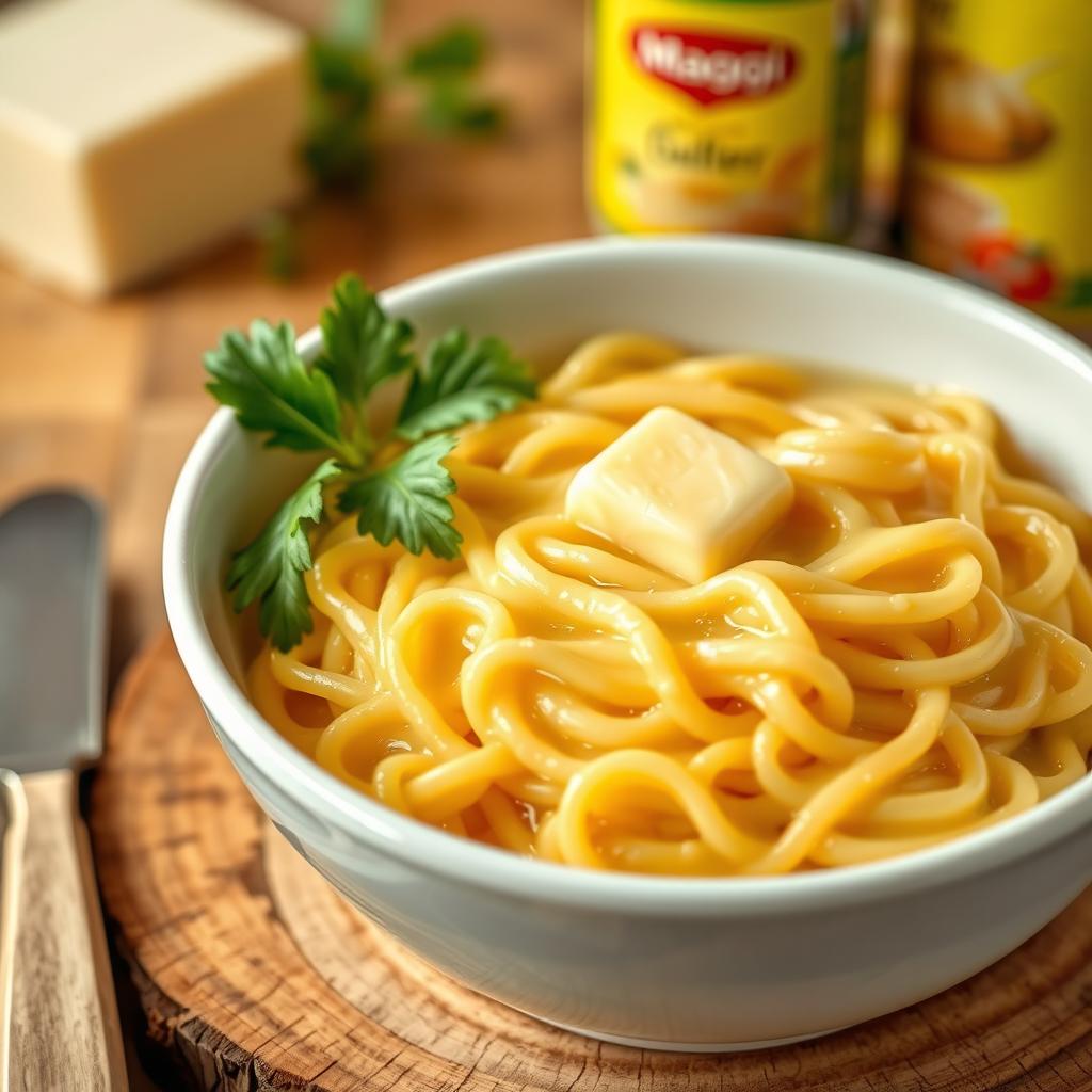 A creamy, buttery bowl of Maggi noodles with a golden sheen, showcasing soft, rich noodles coated with a glossy layer of melted butter