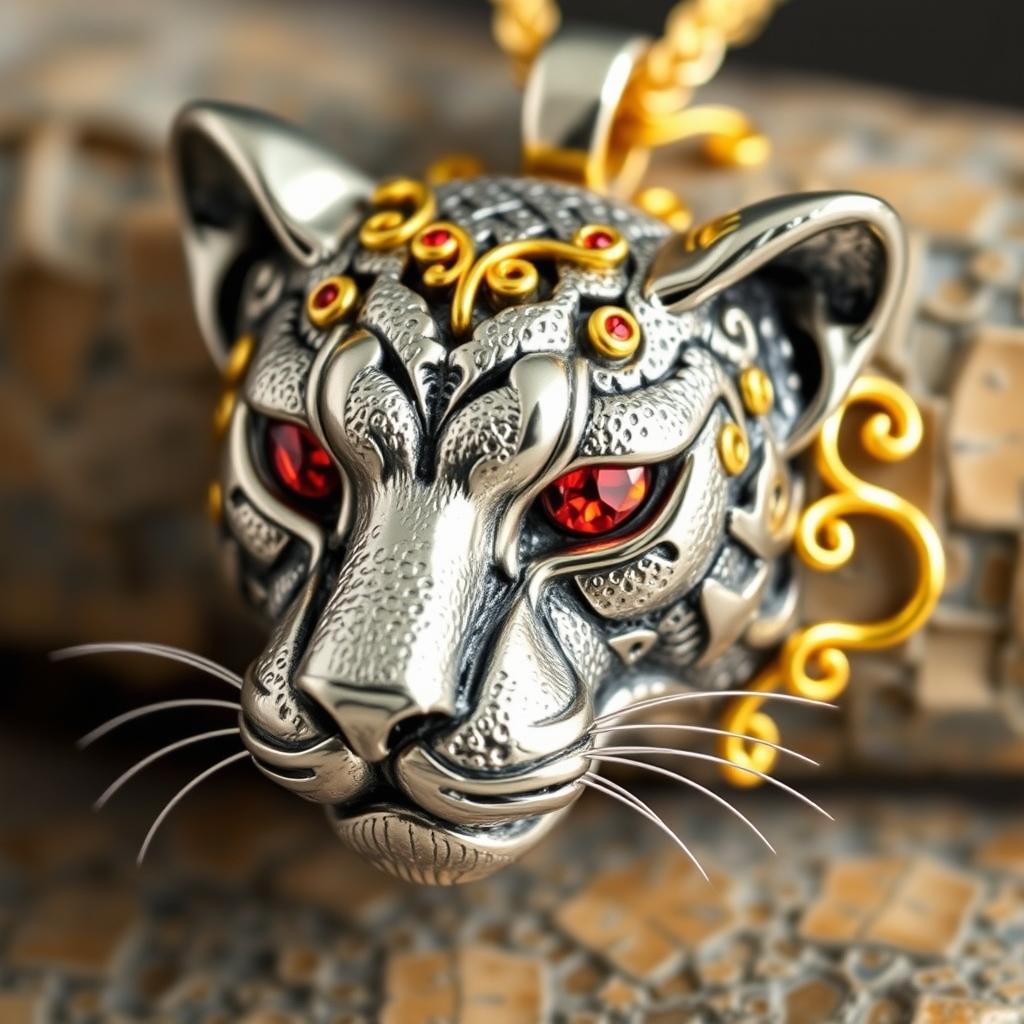 A beautifully crafted panther pendant made of textured silver that is intricately adorned with delicate golden filigree ornaments