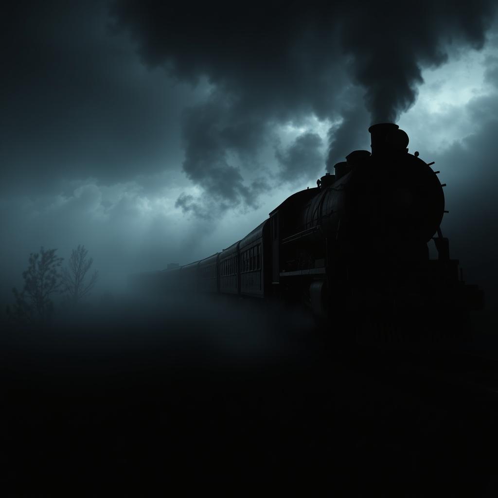 A dark, moody side view of a train passing through a misty landscape, with eerie shadows contrasting against the faint glow of the train's lights