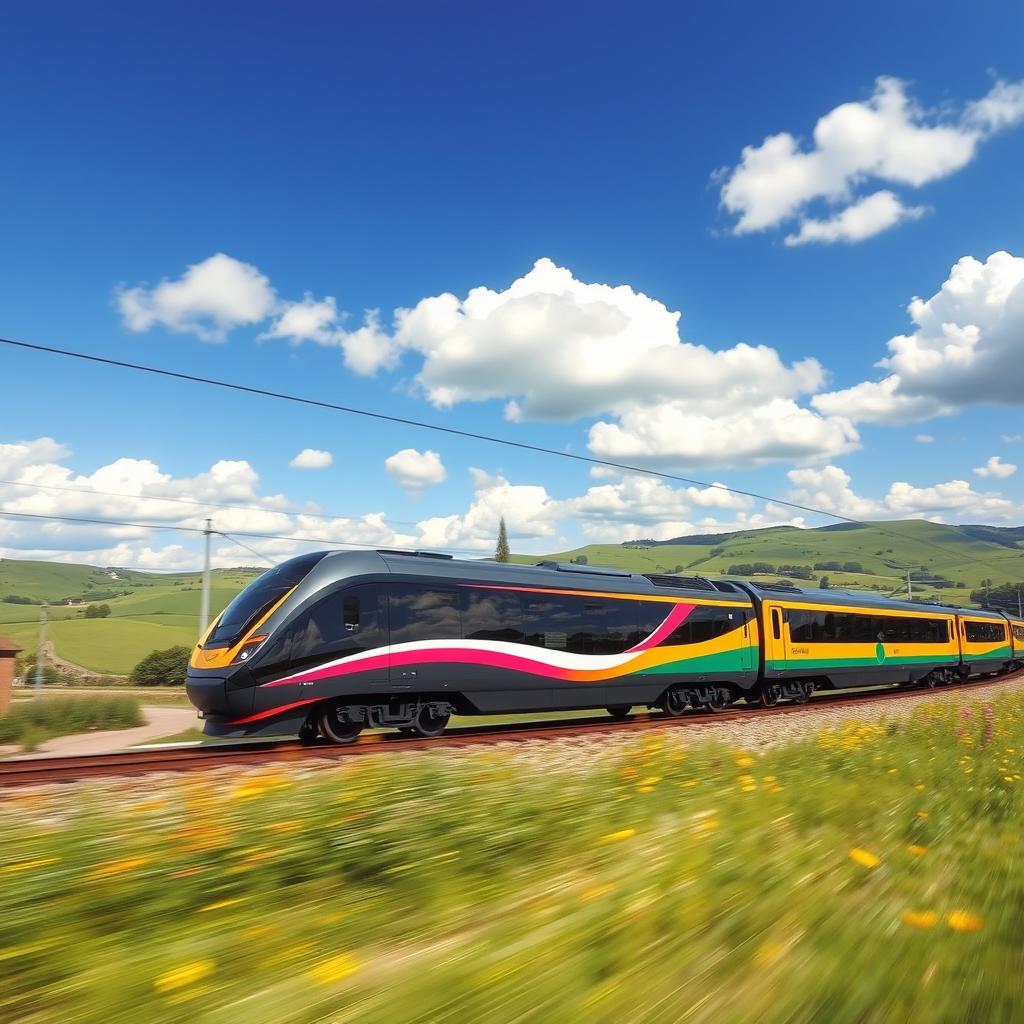 A vibrant side view of a modern train gliding along the tracks through a beautiful countryside landscape
