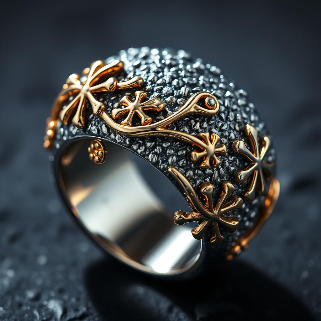 A beautifully crafted silver ring featuring a textured surface, adorned with intricate and delicate polished gold filigree ornaments resembling flowing liquid across the ring