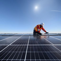 A focused solar installer carefully arranging solar panels on a sunlit rooftop, with a clear blue sky dominating the background