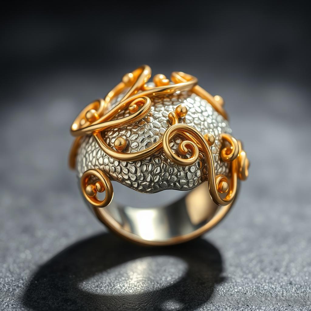 A beautifully crafted silver ring with a textured surface, adorned with delicate polished gold filigree ornaments