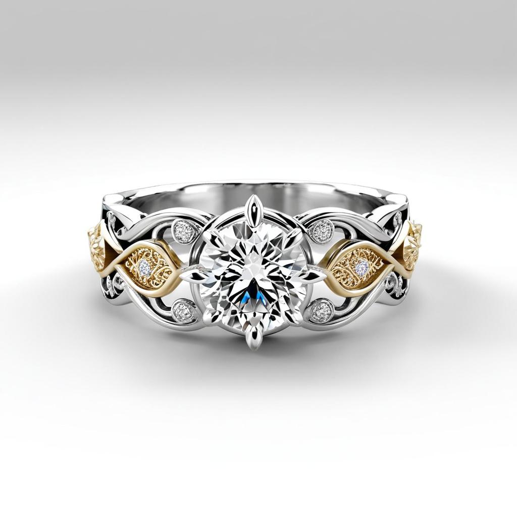 Silver ring, textured silver, adorned with delicate polished gold filigree ornaments.. Highly detailed golden ornaments flows like a liquid across the rings surface, blending seamlessly with the metal. Light creates sharp and bright highlights and dark shadows. Shallow depth of field. Realistic metal surfaces.