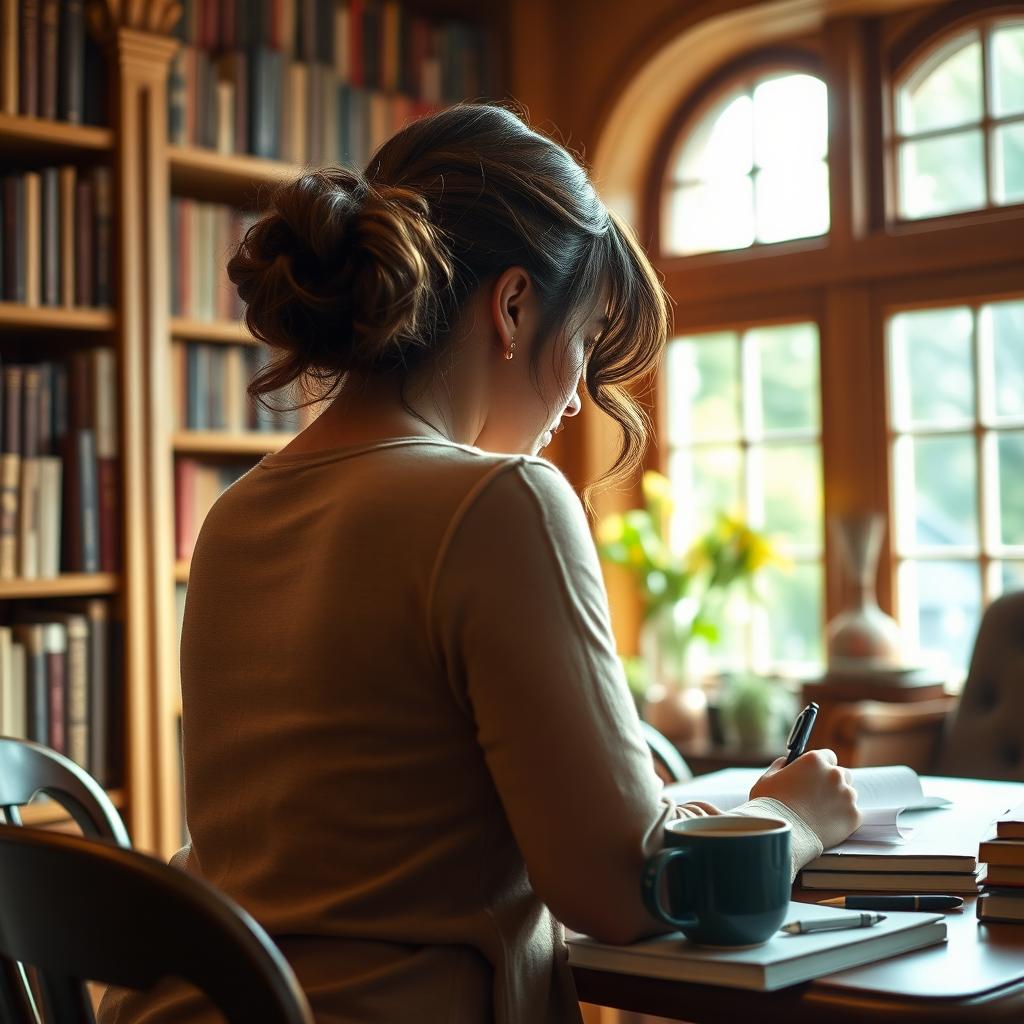 A 40-year-old female writer, seen from behind, deeply focused on writing at her desk in a tranquil library filled with books