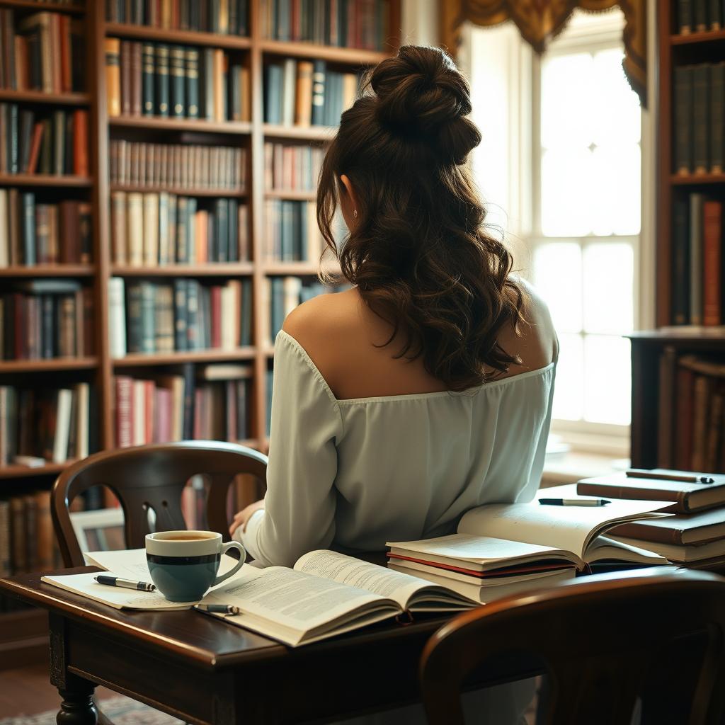 A 40-year-old female writer, seen from behind, immersed in her writing at a desk in a beautifully arranged library filled with books