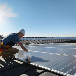 A focused solar installer carefully arranging solar panels on a sunlit rooftop, with a clear blue sky dominating the background