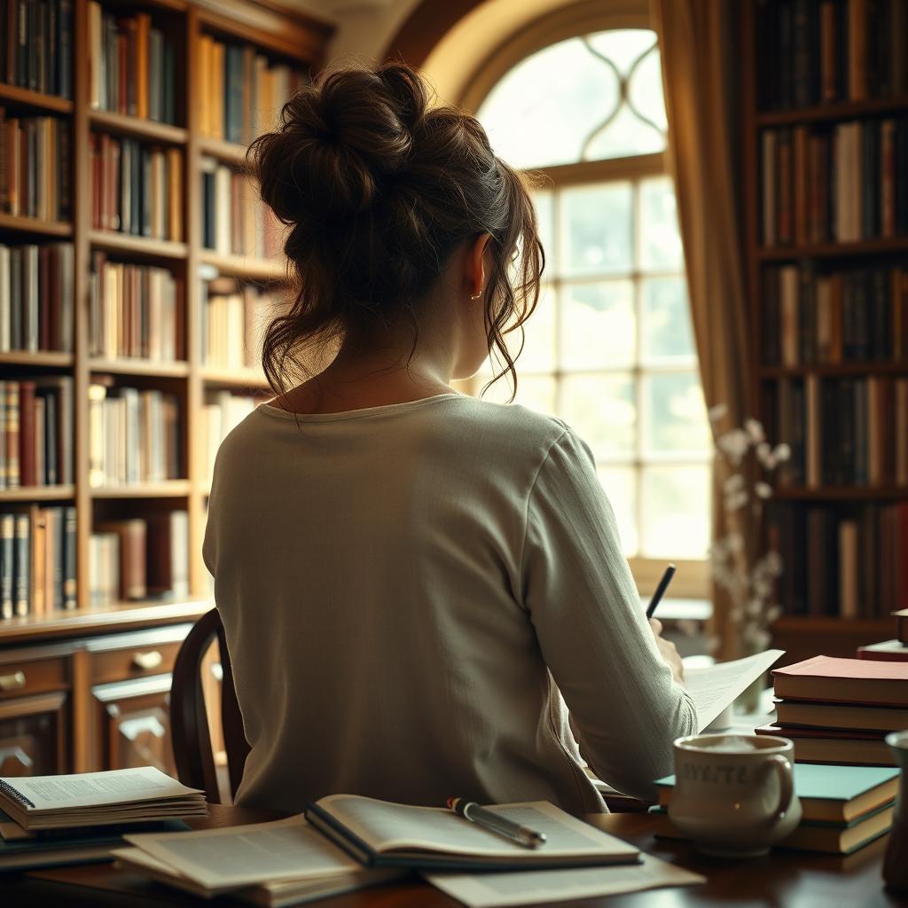 A 40-year-old female writer, seen from behind, intently writing at her desk in a charming library filled with shelves of books