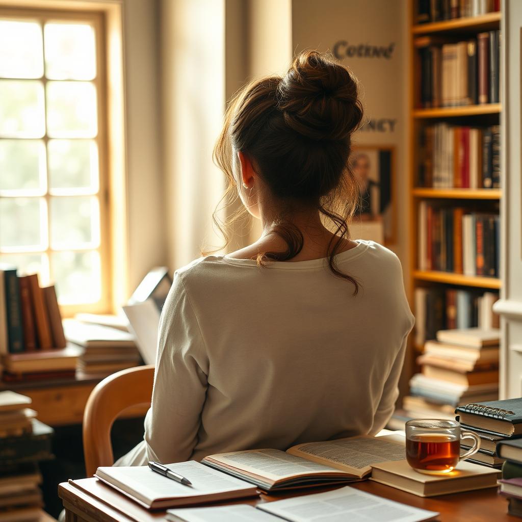 A 40-year-old female writer, seen from behind, engrossed in writing at her desk within a cozy library filled with an array of books