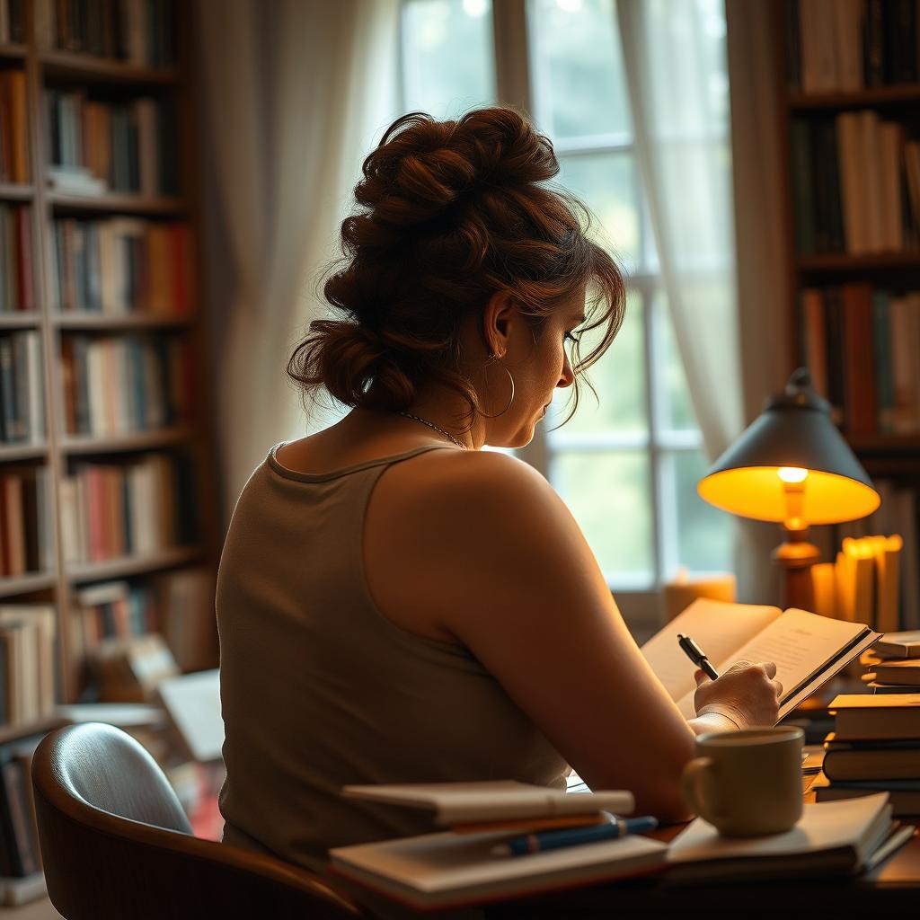 A 40-year-old female writer, captured from behind, deeply focused on writing at her desk in a cozy library filled with books