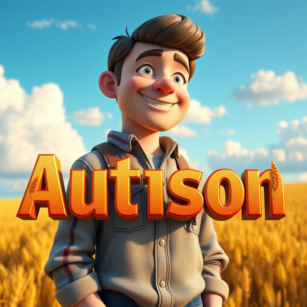 An impressive 3D male character stands in the foreground with a cheerful demeanor, dressed in casual, stylish farm attire, seamlessly blending both realistic and cartoon elements