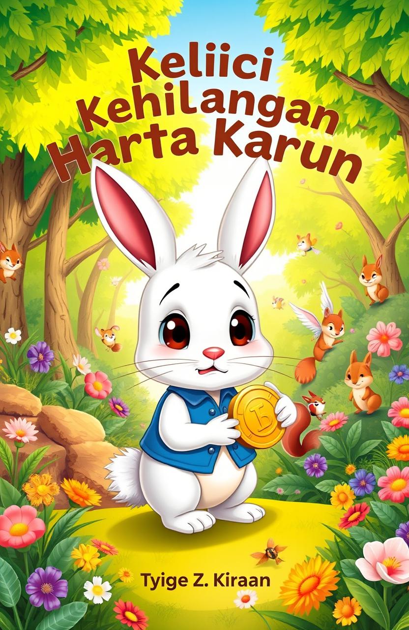 A colorful cover illustration featuring Min Rabbit, a small white rabbit with big brown eyes, wearing a tiny blue vest and holding a shiny golden coin in his paw