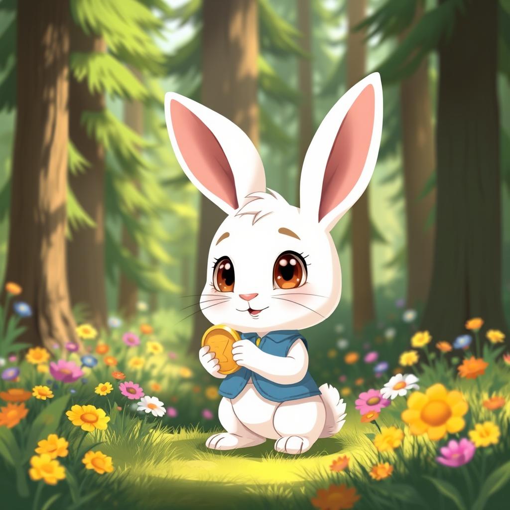 An illustration of a small white rabbit named Min Rabbit with big brown eyes, wearing a tiny blue vest, standing in a sunny forest surrounded by tall green trees and a variety of colorful flowers