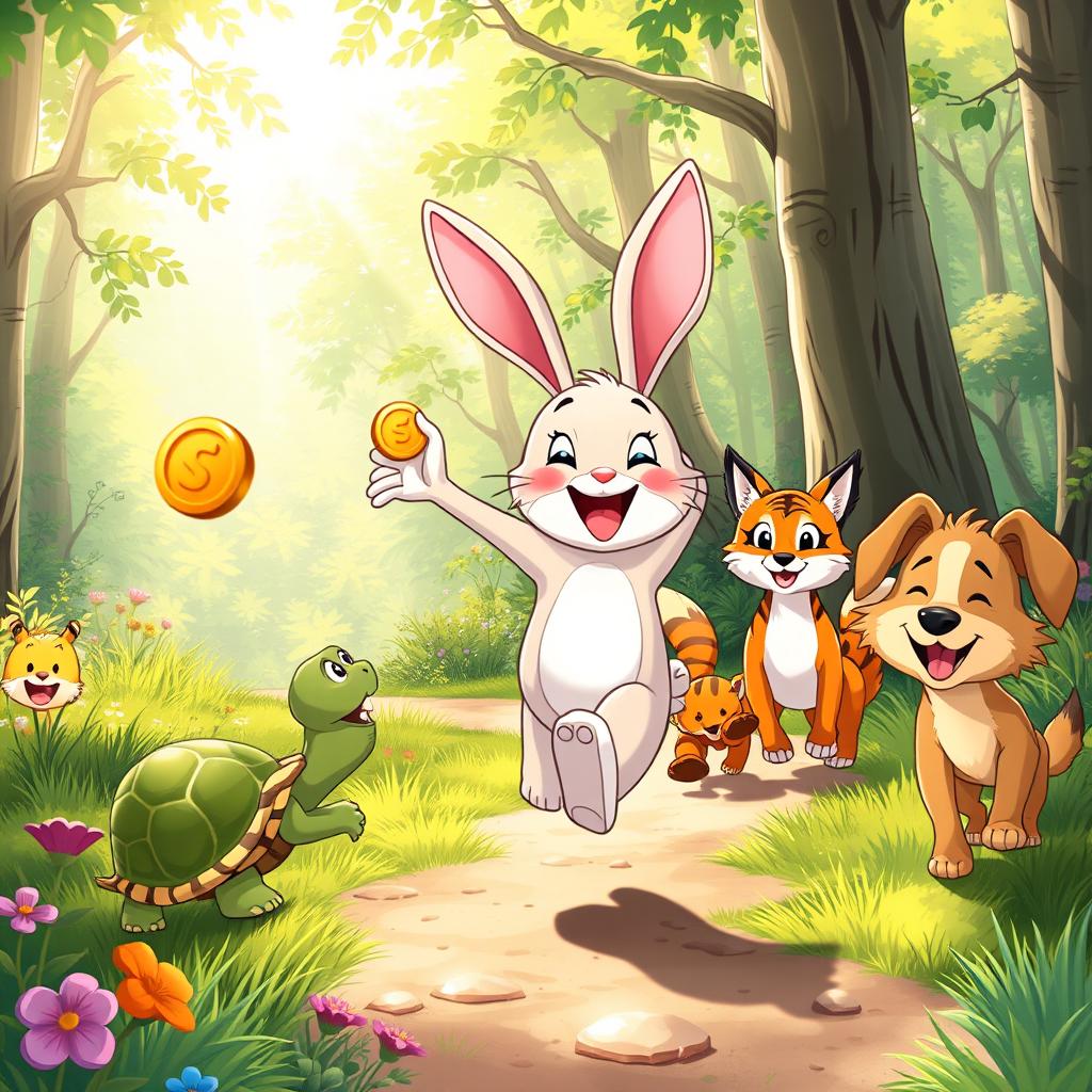 An illustration of Min Rabbit joyfully hopping through a bright and lively forest, holding a shiny golden coin in his paw