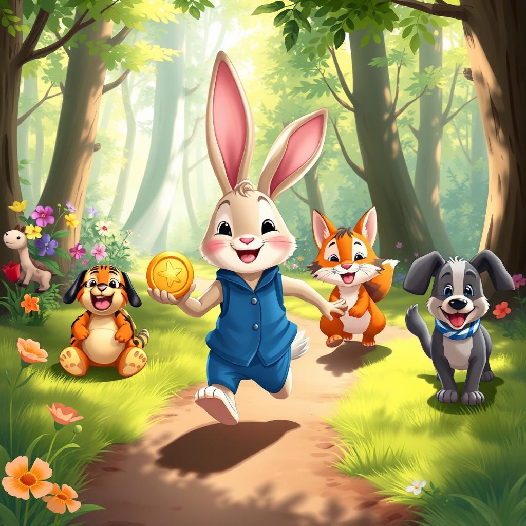 An illustration of Min Rabbit wearing a blue vest, joyfully hopping through a bright and lively forest while holding a shiny golden coin in his paw