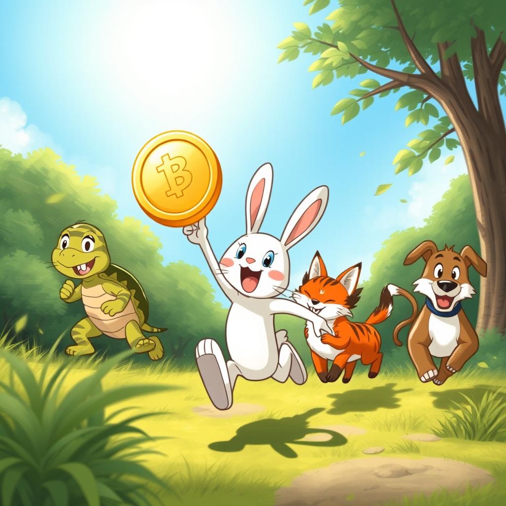 An illustration of Min Rabbit and his friends energetically running through the forest under a bright blue sky, each with a determined expression as they try to catch a shiny golden coin