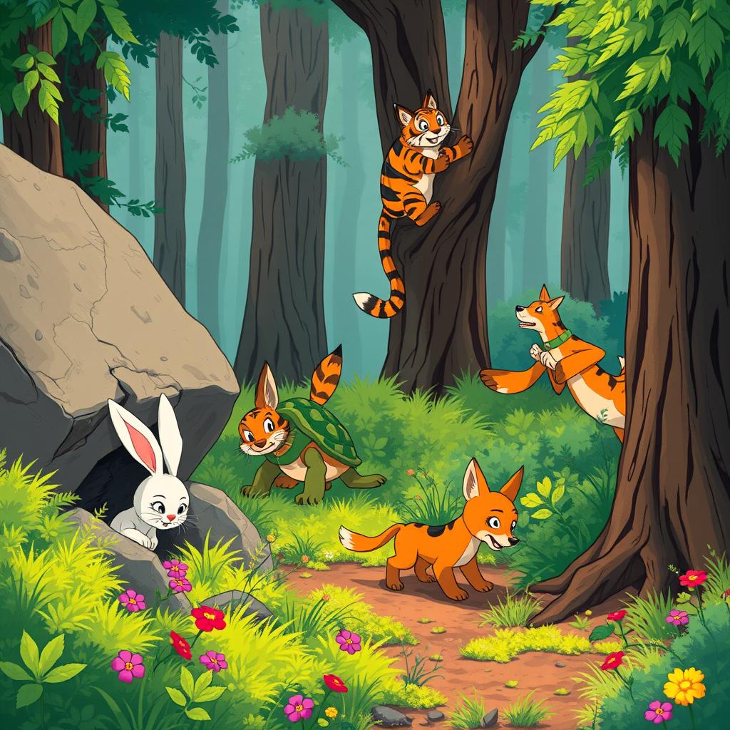 An illustration of Min Rabbit and his friends searching the forest with a sense of urgency