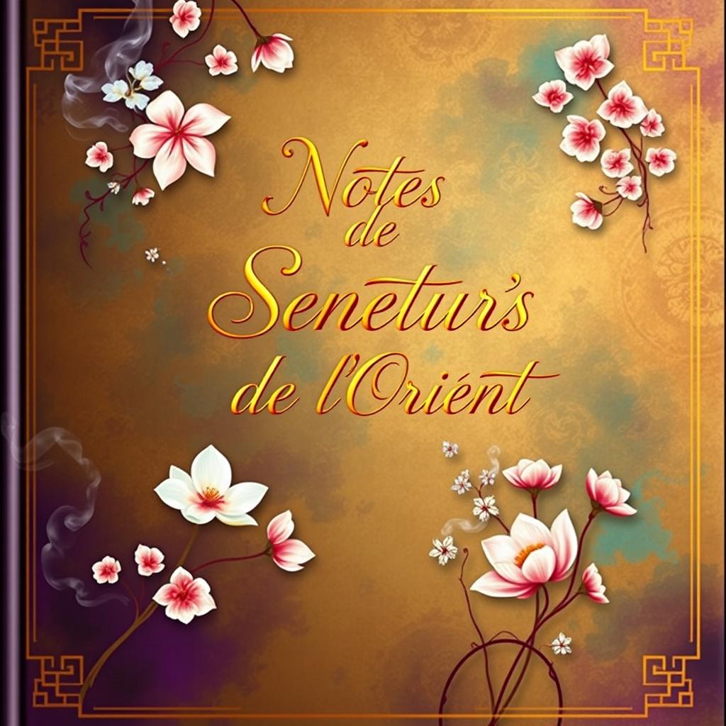 A luxurious and inviting book cover for 'Notes de Senteurs de l'Orient', elegantly inscribed in ornate calligraphy
