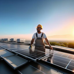 A focused solar installer with a radiant smile, meticulously setting up solar panels on a sun-drenched rooftop, set against the backdrop of a vivid blue sky. 