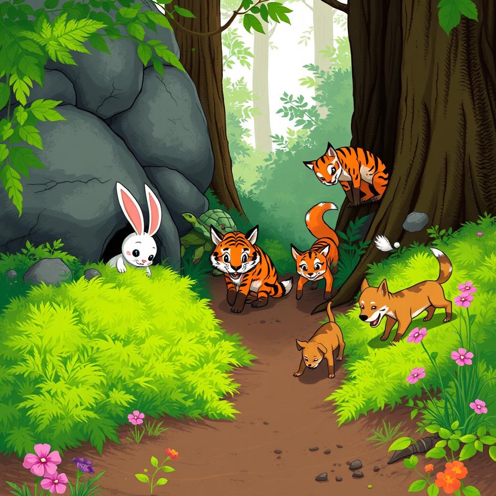 An illustration depicting the friends searching the forest with a sense of urgency