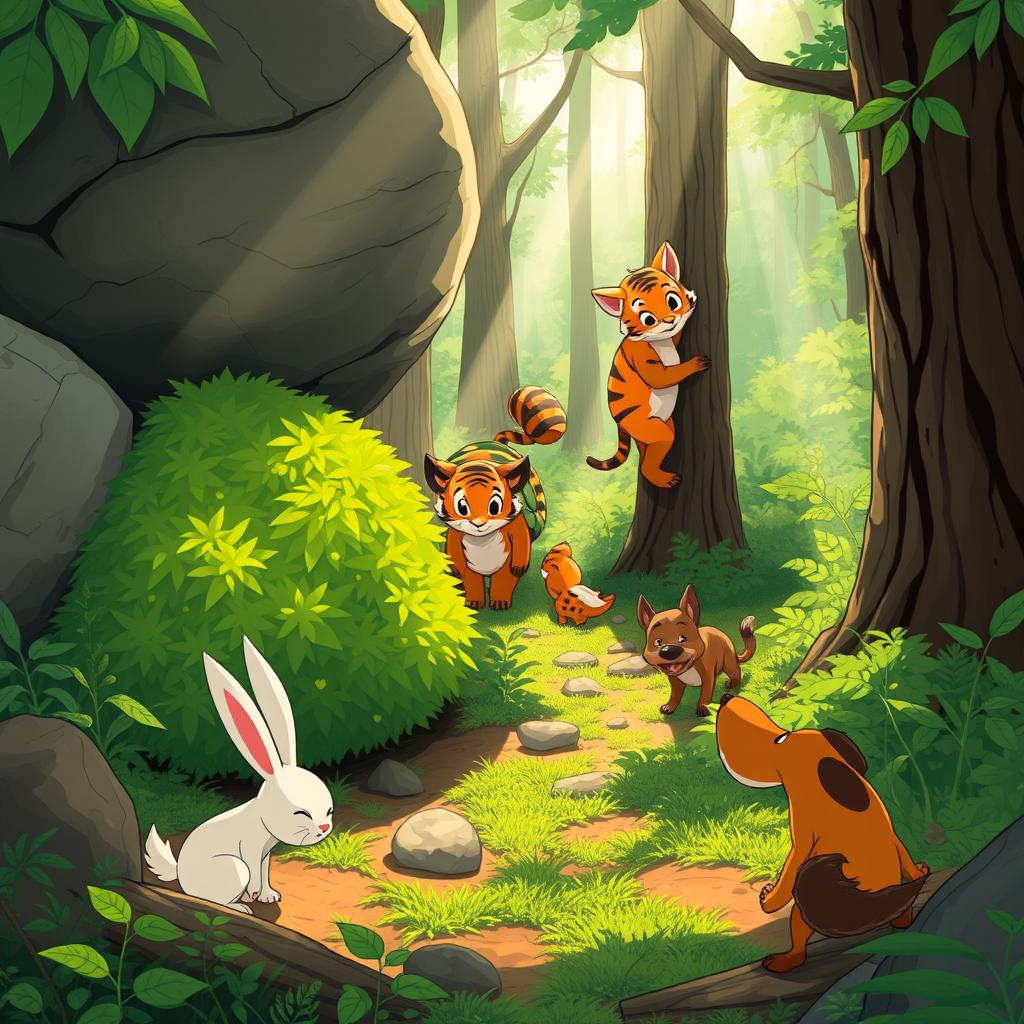 An illustration of Min Rabbit and his friends desperately searching the forest