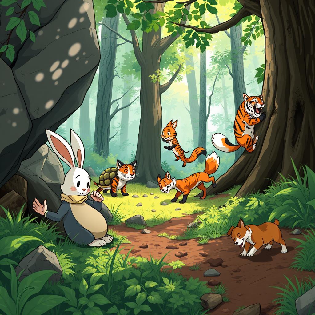 An illustration of Min Rabbit and his friends searching the forest with determination